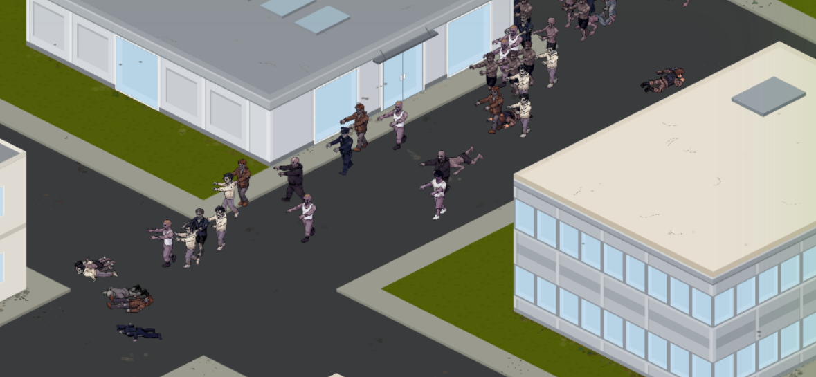 A horde of zombies crowding a Deadtiles street outside a brick building