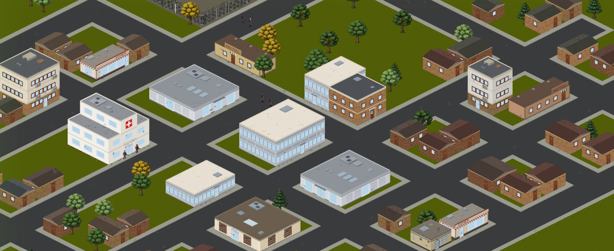 Isometric Deadtiles town of houses, shops, and a hospital on a grid of streets